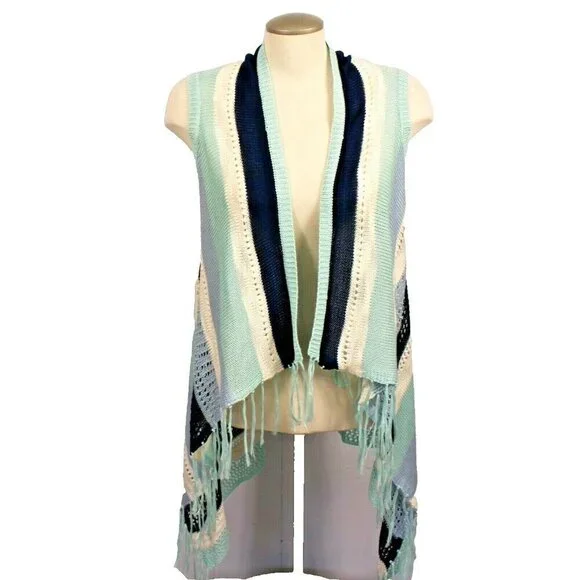 Open Front Sweater Vest Womens M Blue Boho Hippy Crochet Fringe Tassel Hi Lo Hem - Picture 3 of 5